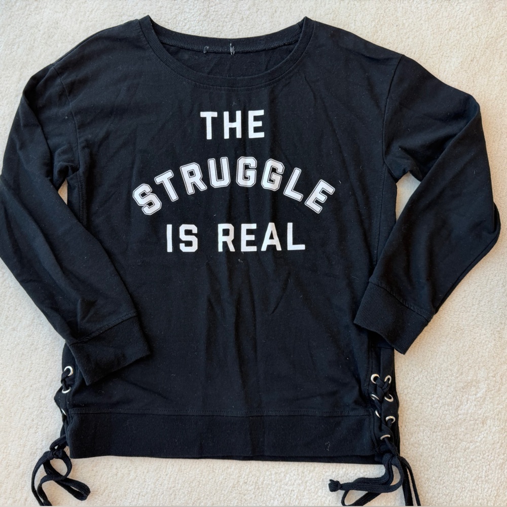 “The Struggle is Real” Black and White Long Sleeve Top with Lace-Up Sides